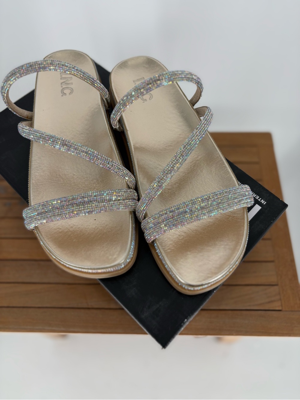 New Women’s INC International Concepts Gold Embellished Strappy Sandals size 9M